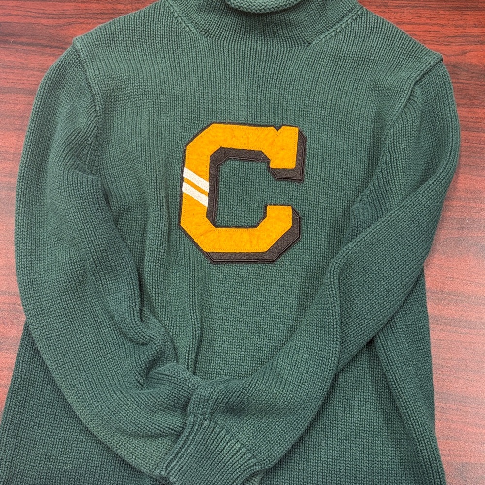 J. Crew Forest Green Turtleneck Sweater with Gold Chest Patch